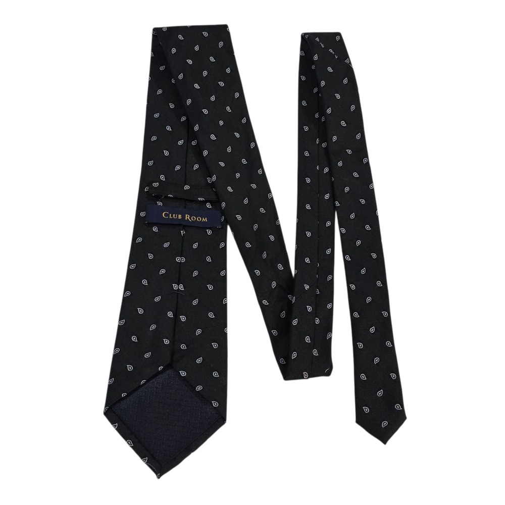 Club Room‎ Paisley Silk Necktie Black White Small Pattern Formal Mens Tie